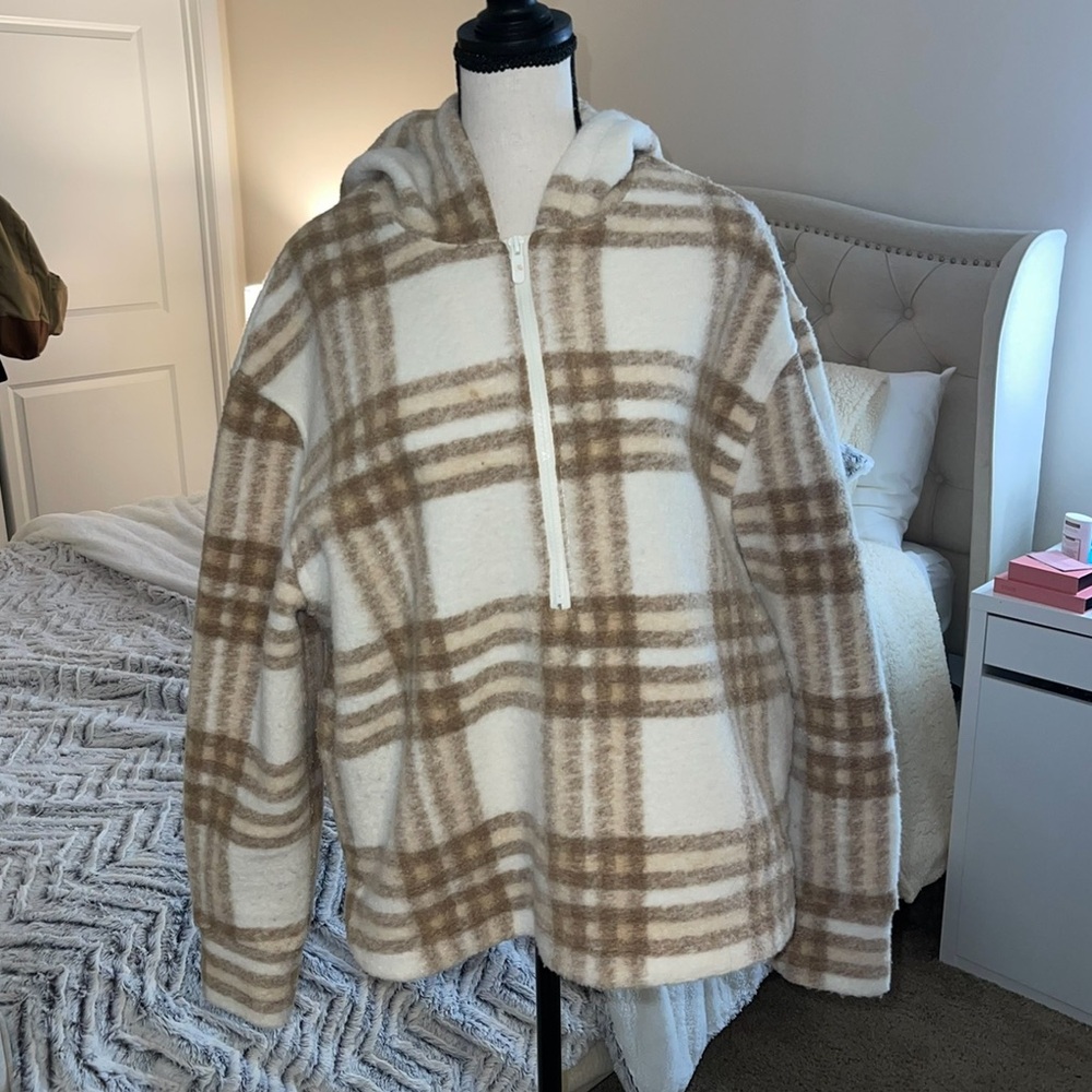 Plaid Fleece Half Zip Hooded Jacket